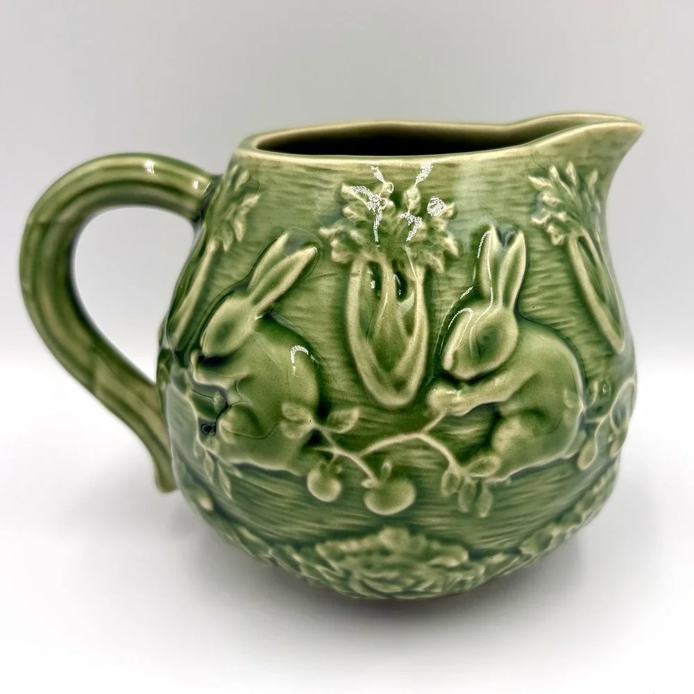 Vintage Bordallo Pinheiro Creamer & Lidded Sugar Bowl Rabbit Green Majolica Set